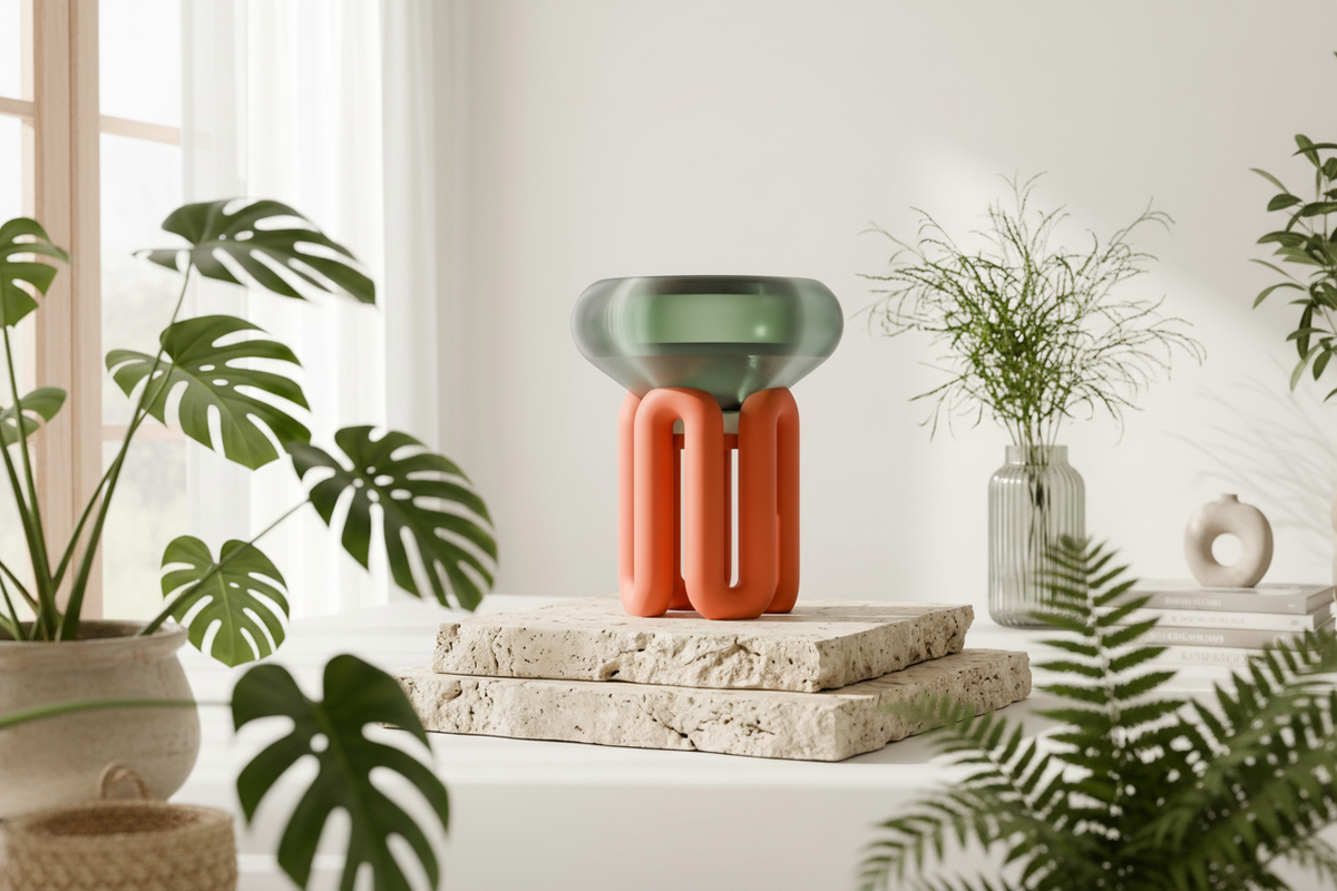 Coral Wibble Base Lamp with translucent green shade on a stone shelf