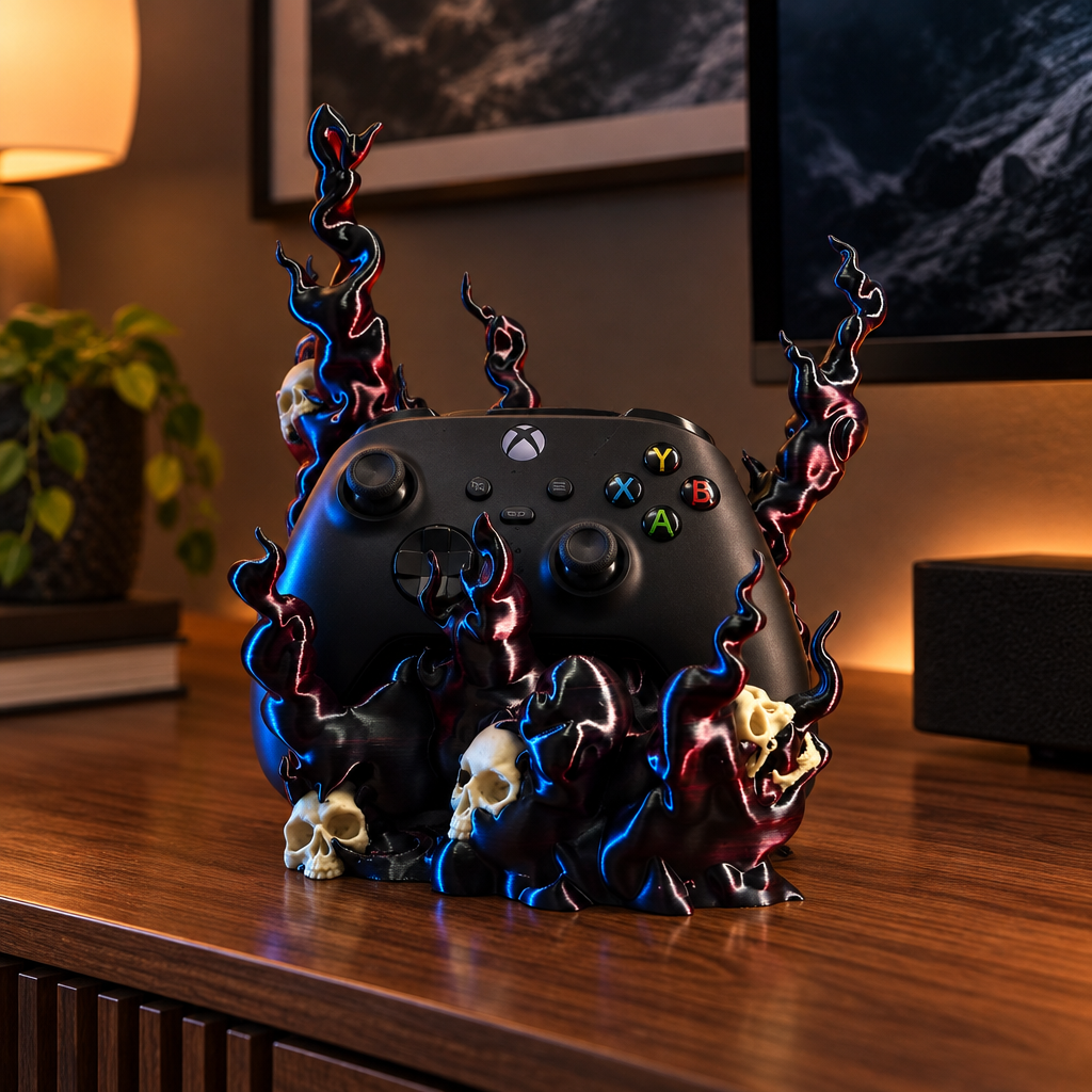 Skull flame controller holder with a black Xbox-style controller on a walnut media console