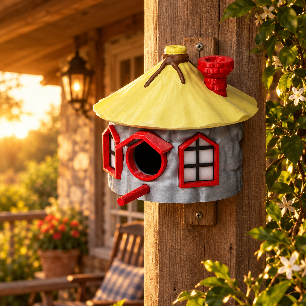Cottage birdhouse on sheltered porch