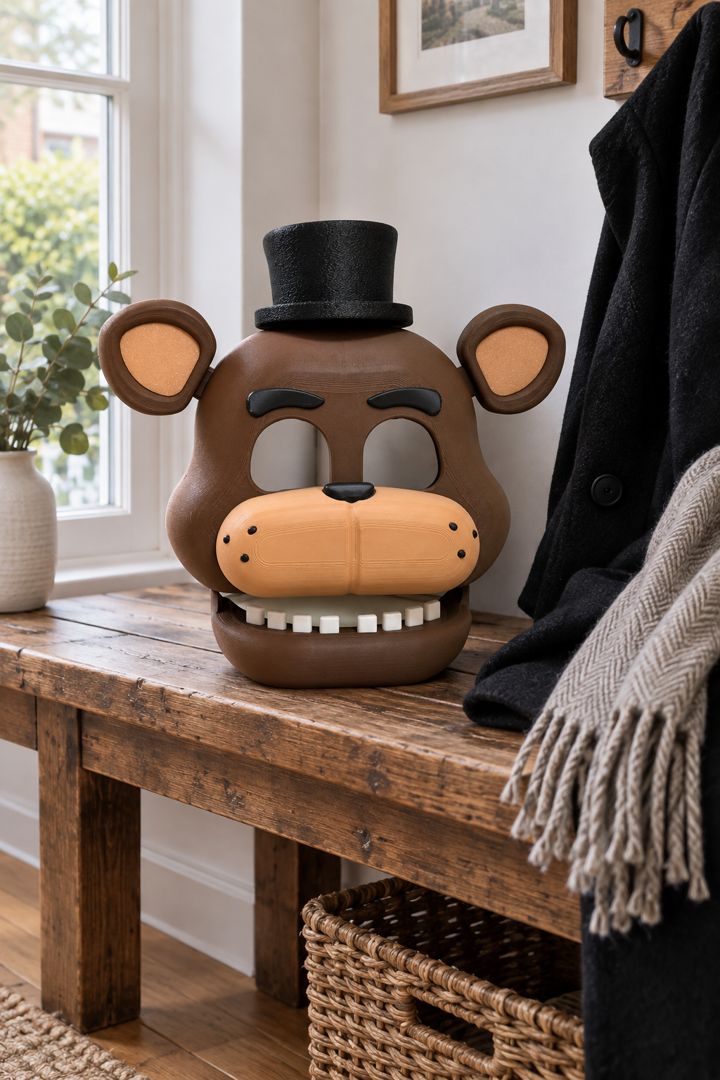 Brown bear Five Nights at Freddy's mask with black top hat on an entryway bench