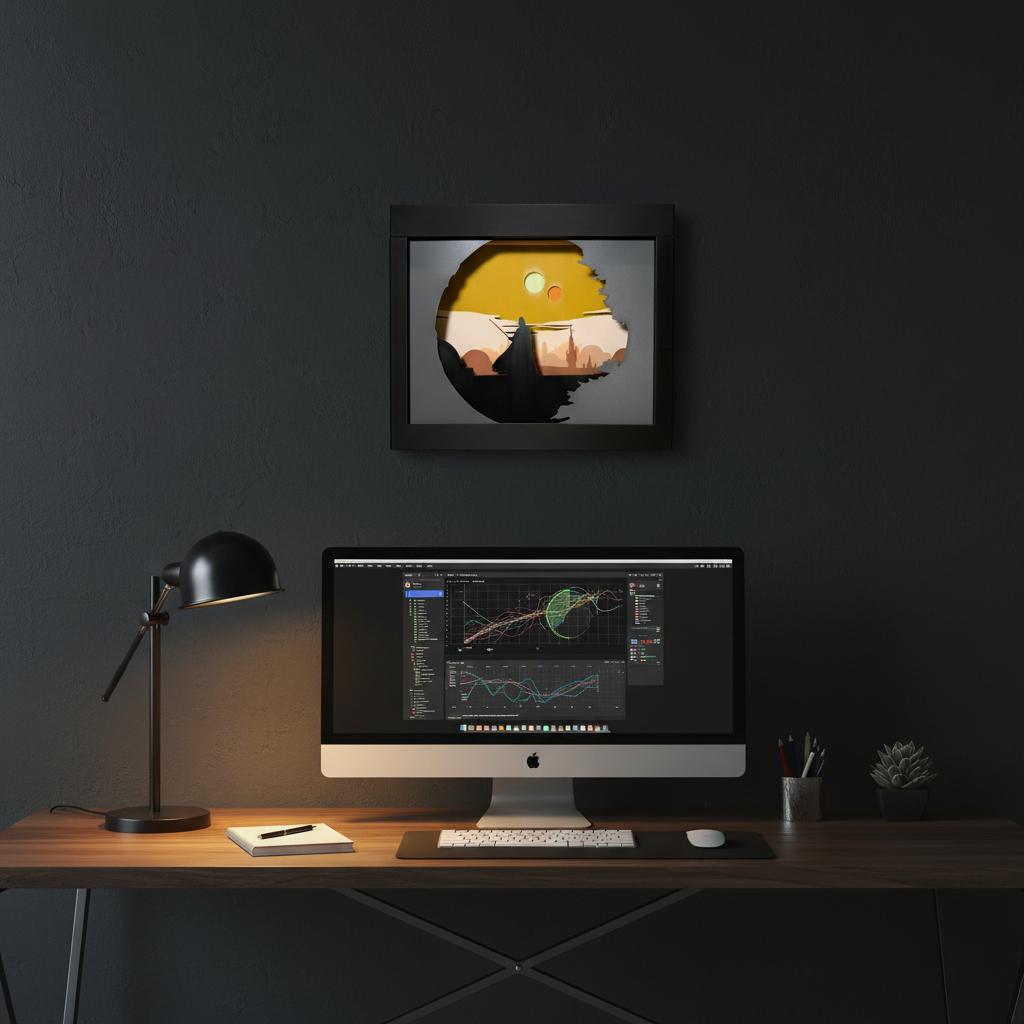 Darth Vader Homecoming shadow box hung on a dark charcoal wall above a glowing home office desk