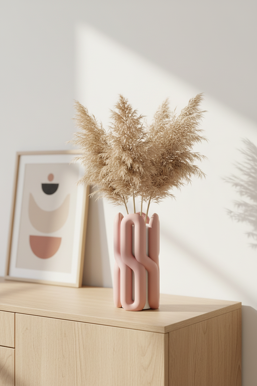 Dusty pink and white wibble vase with pampas on oak sideboard - lifestyle