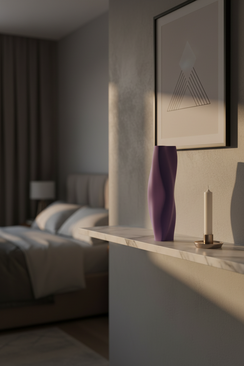 Purple twist vase as sculpture on marble bedroom shelf - lifestyle