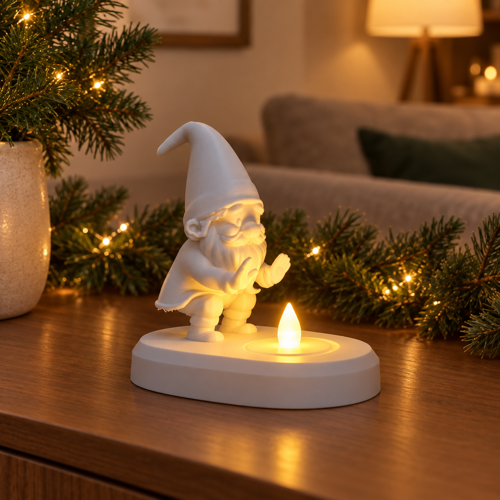 White Santa tealight holder on a decorated sideboard with warm festive lighting