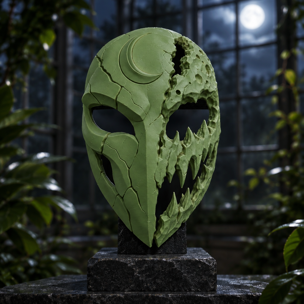 Green Mooneater Mask in a moonlit conservatory, strap not included.