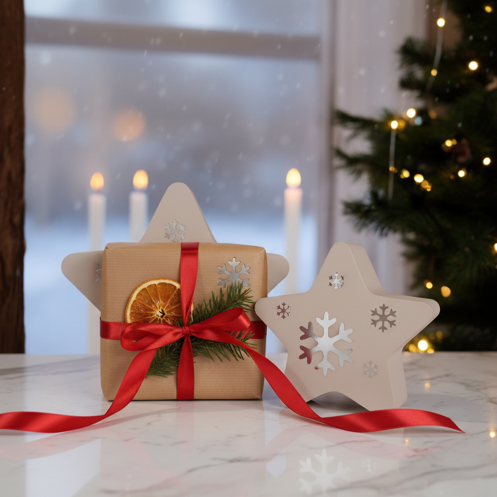 Star snowflake tealight holders as gift on marble with kraft paper ribbon orange slice lifestyle