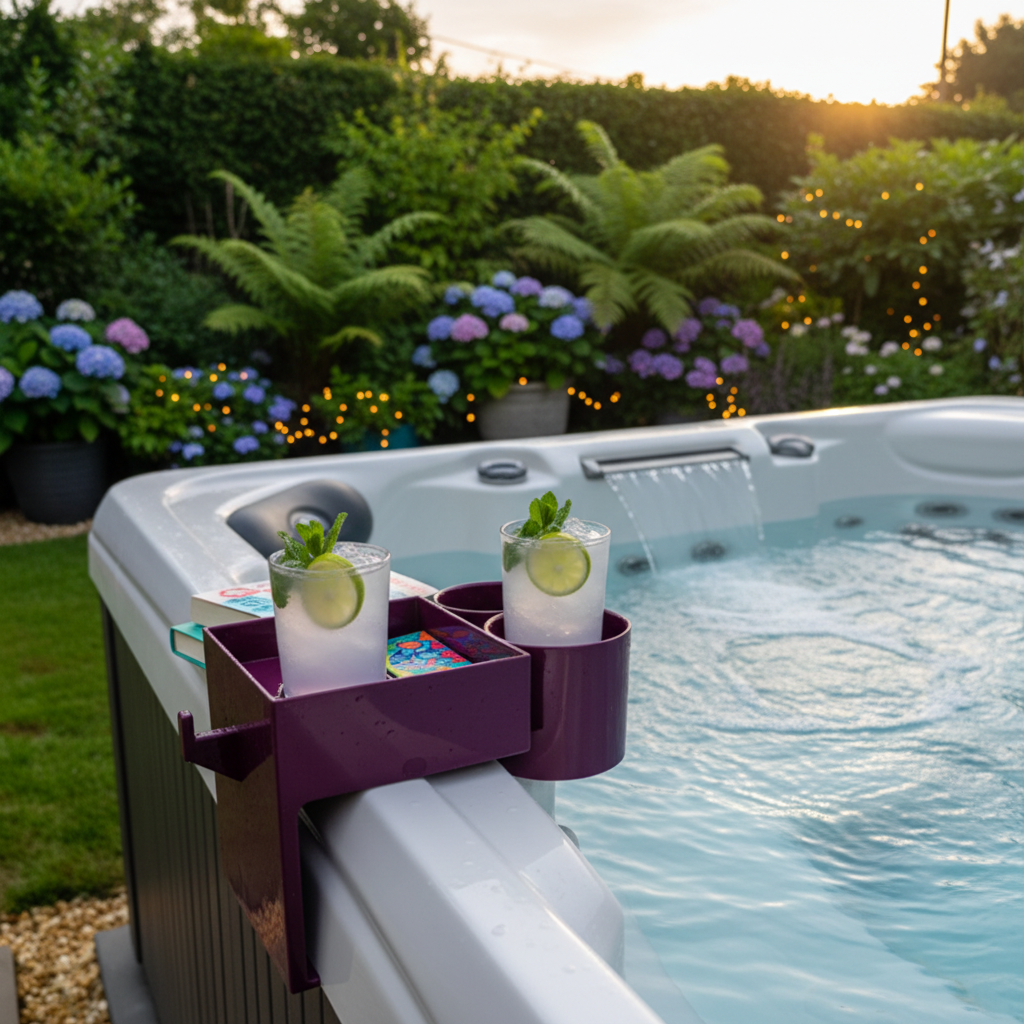 Purple Hot Spot Rhythm Hot Tub Caddy near waterfall feature holding drinks and book in evening garden spa