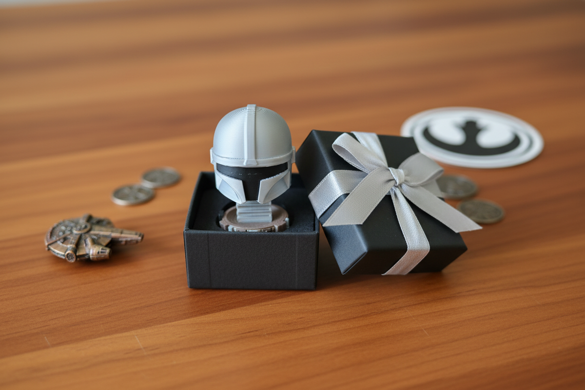 Star Wars The Mandalorian Springie presented as a gift in a sleek black box with silver ribbon