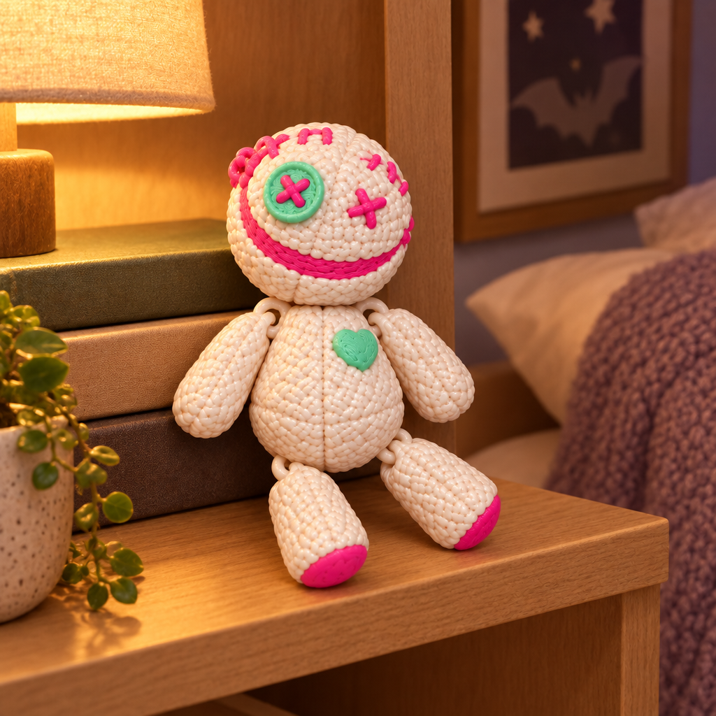 Cream and pink Vodoo Doll on bedroom shelf