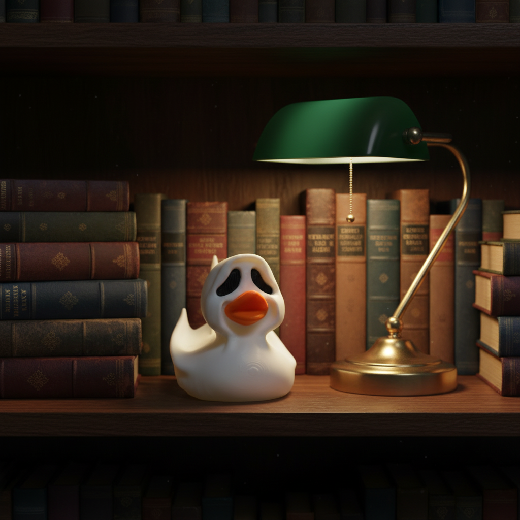 White Halloween ghost duck sculpture on a dark academia bookshelf