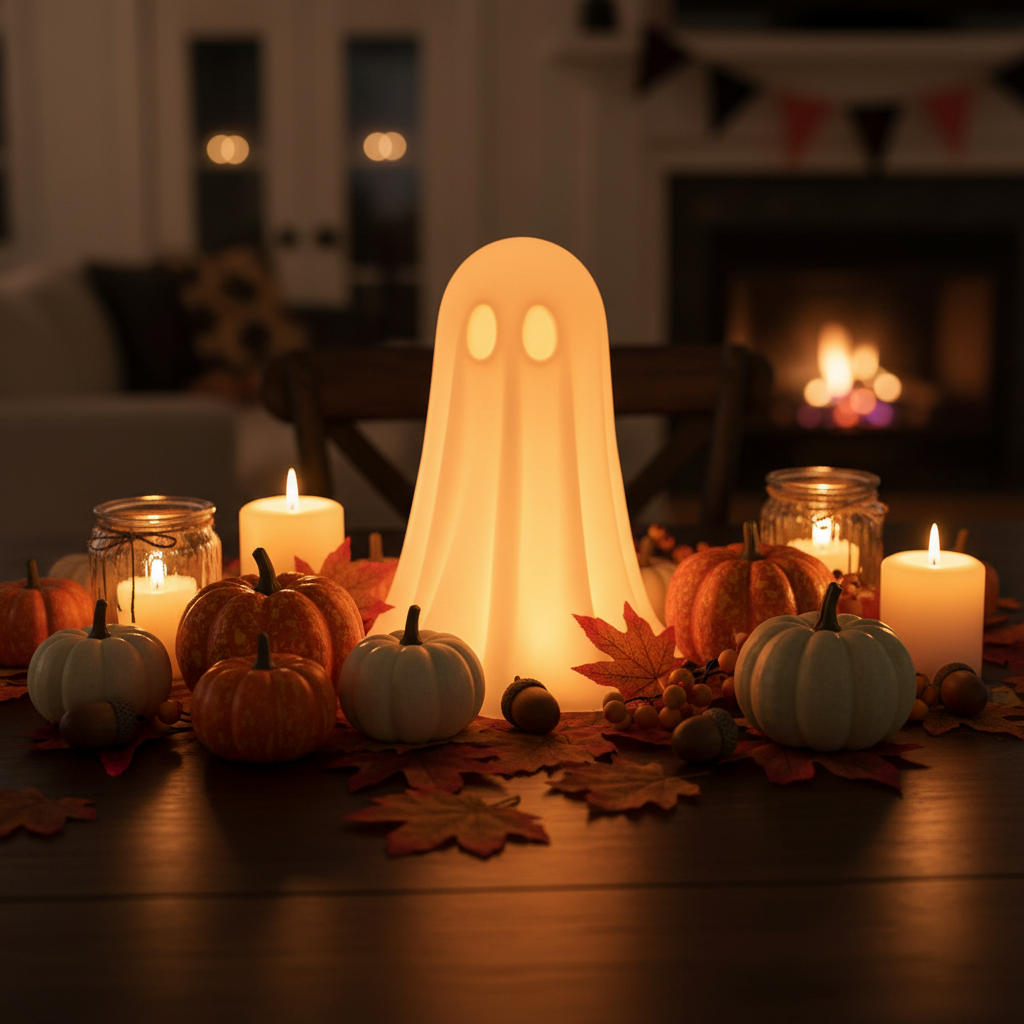 White glowing ghost on Halloween dining table with pumpkins and candles lifestyle