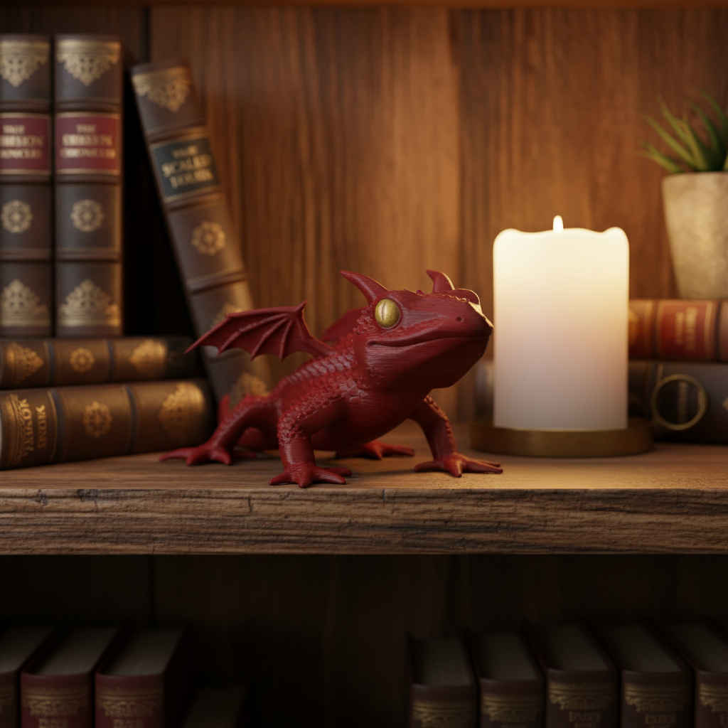 Tiny Legend Gecko-Dragon Figurine - red colourway on rustic bookshelf with candle
