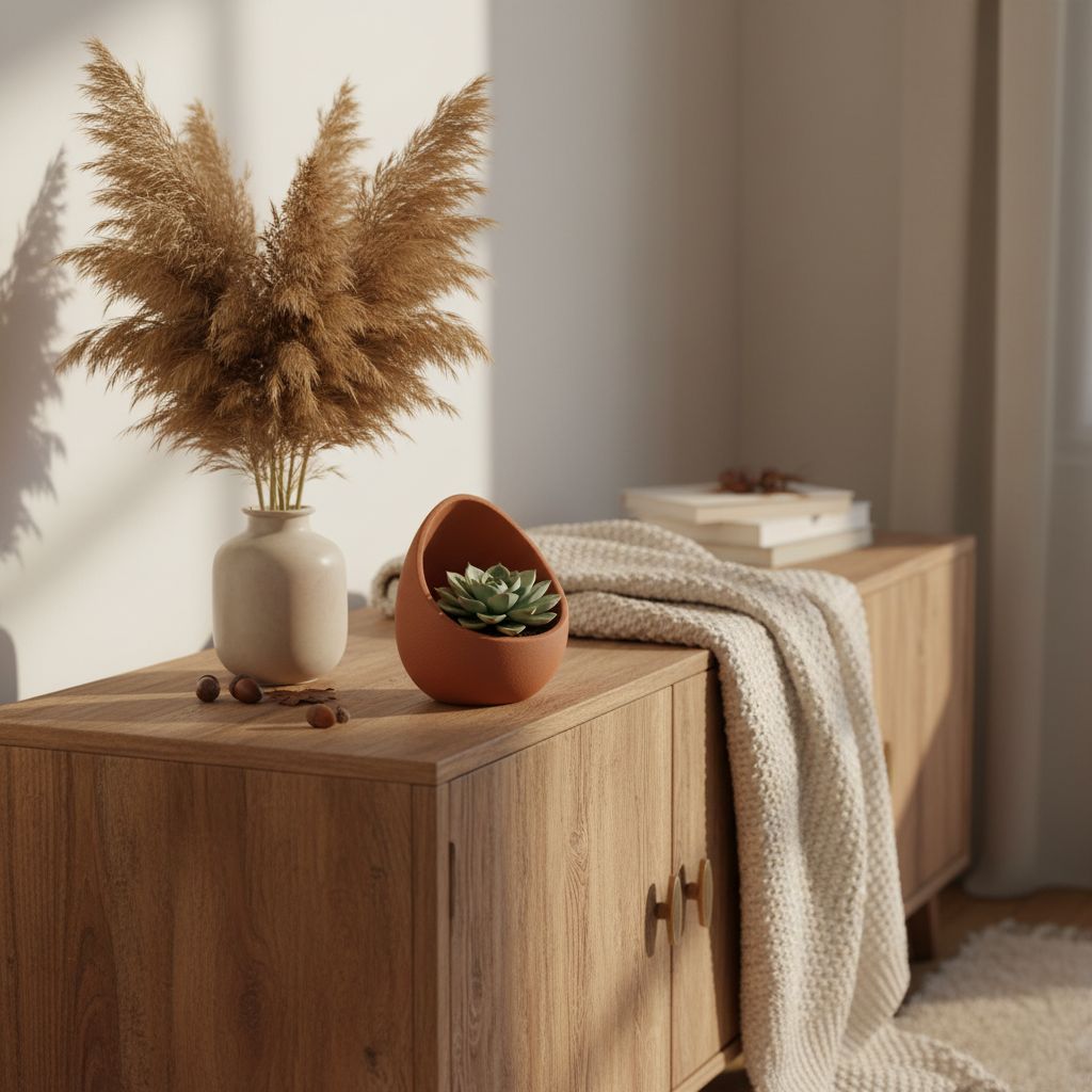 Nest Succulent Planter in orange — rustic sideboard with pampas grass lifestyle