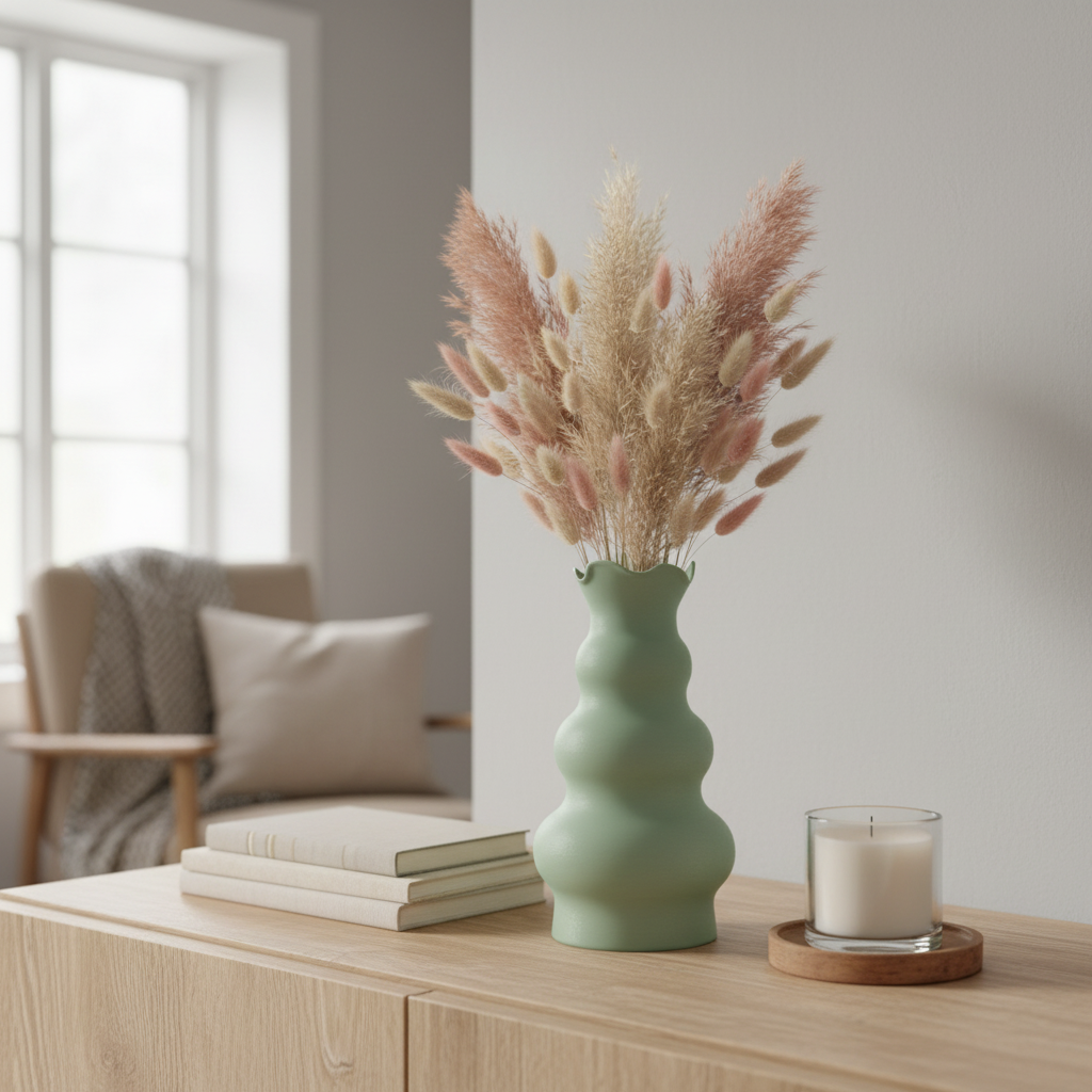 Sage green tulip-inspired vase with dried pampas grass on a wooden sideboard in a Scandinavian interior