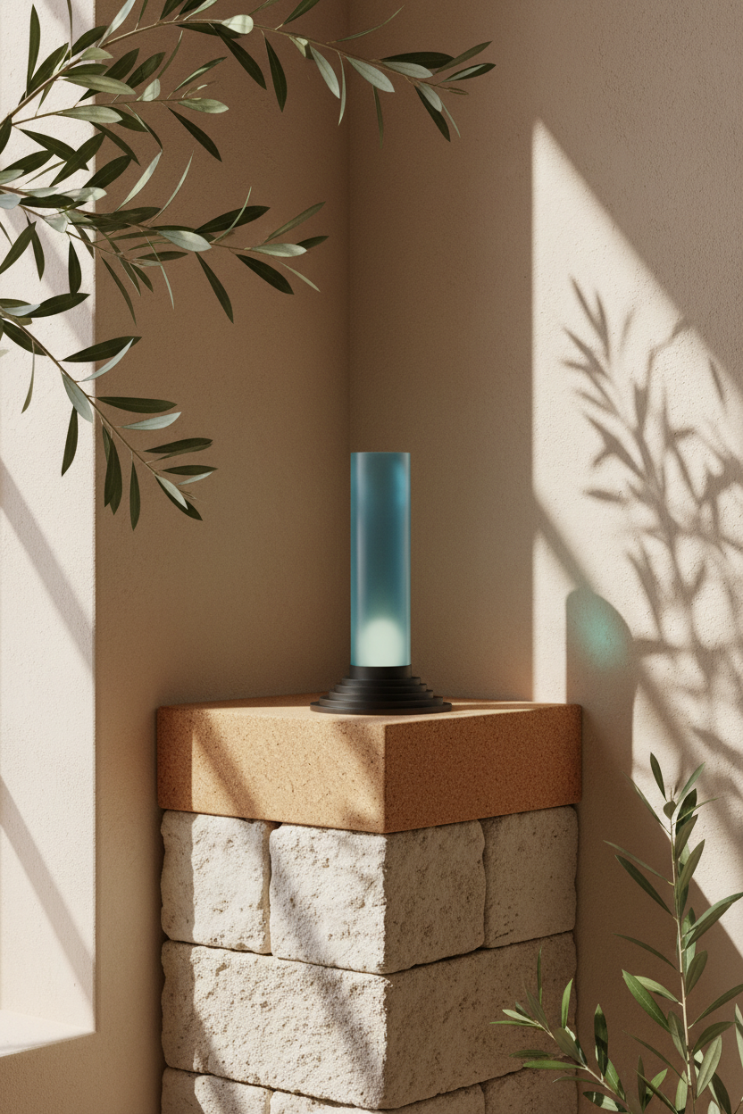 Stepped tealight holder on cork plinth in warm Mediterranean interior