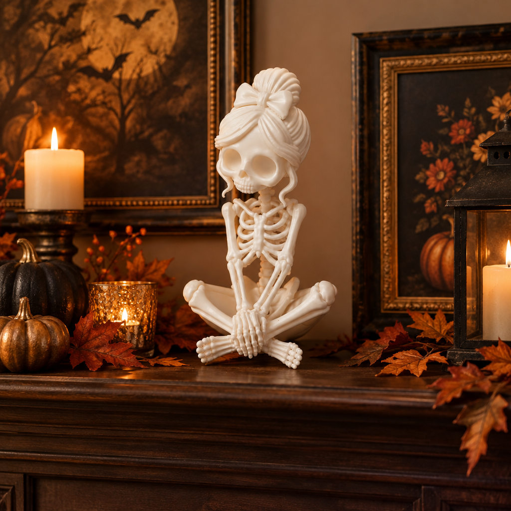 Lady Skeleton All Shy on a Halloween-inspired mantel