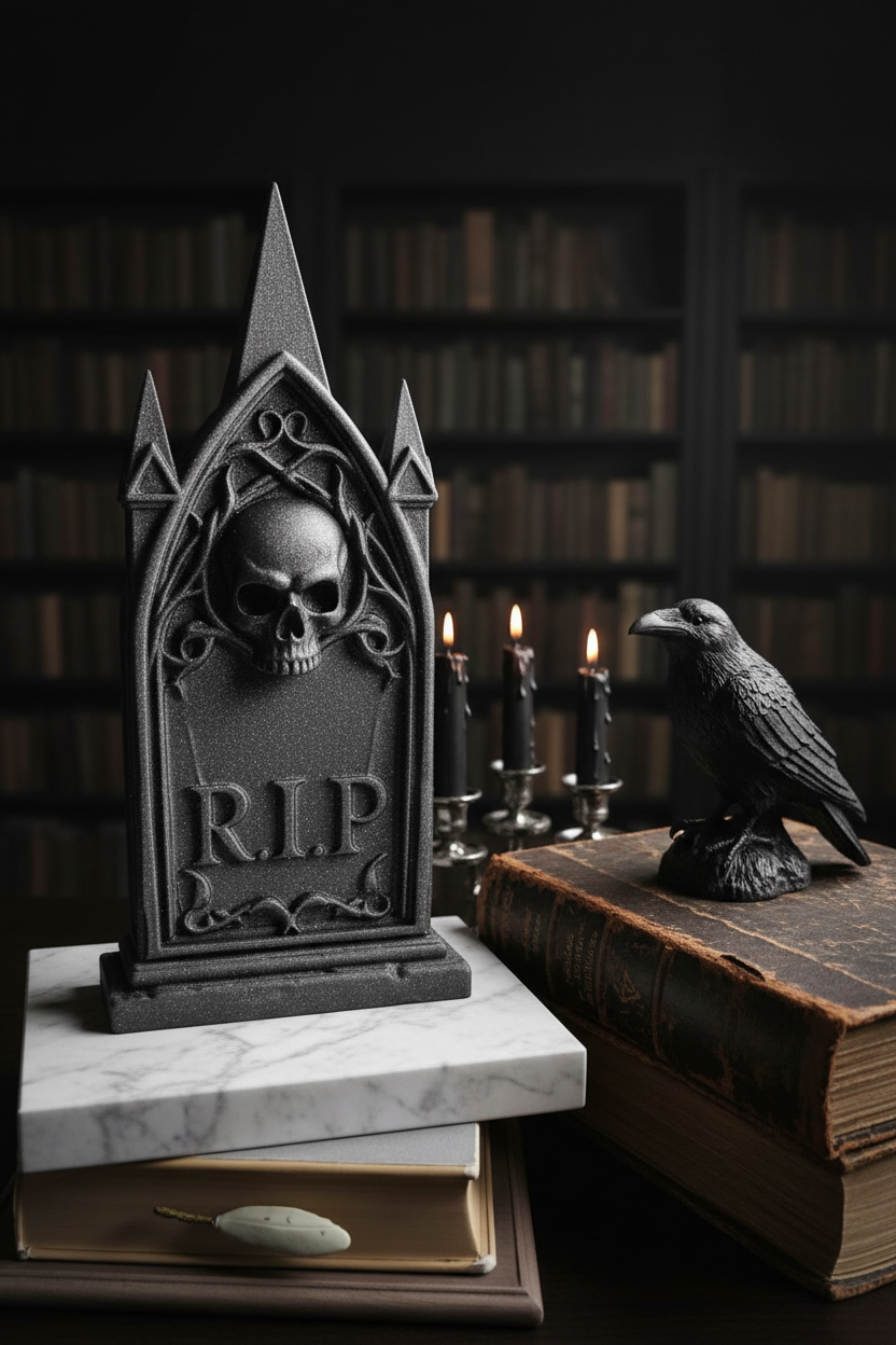 Scary Halloween tombstone dark grey sparkle gothic skull vine arch RIP pale marble shelf dark moody reading room black raven sculpture taper candles worn leather hardcover book atmospheric Halloween interior portrait