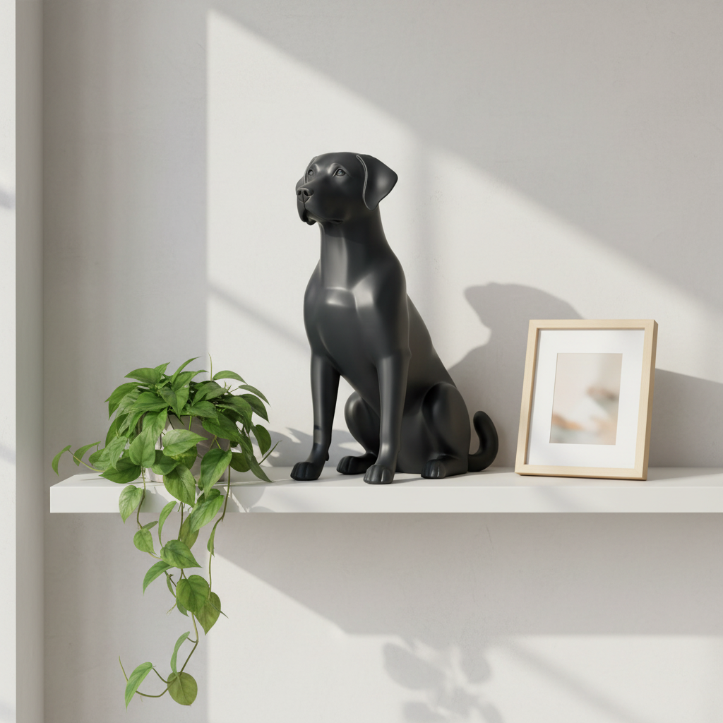 Matte black Labrador statue on a white bookshelf with a plant and framed photo