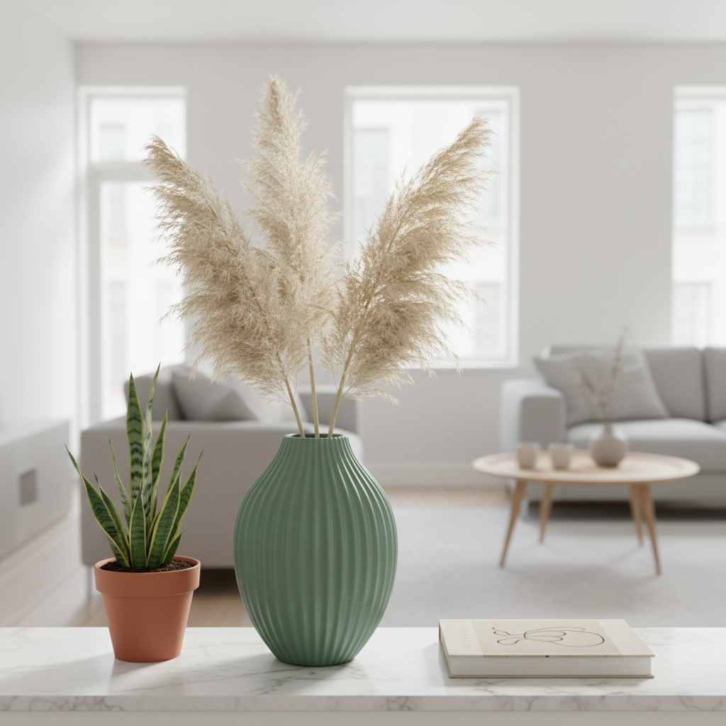 Sage green Versa slatted vase on marble shelf with pampas grass inside, Scandinavian minimal interior