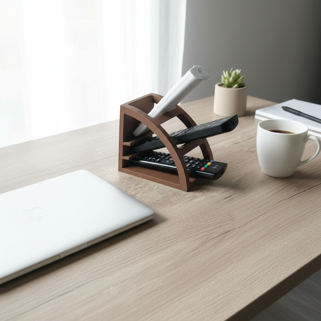 Remote Control Organiser on a home office desk beside a laptop and coffee mug