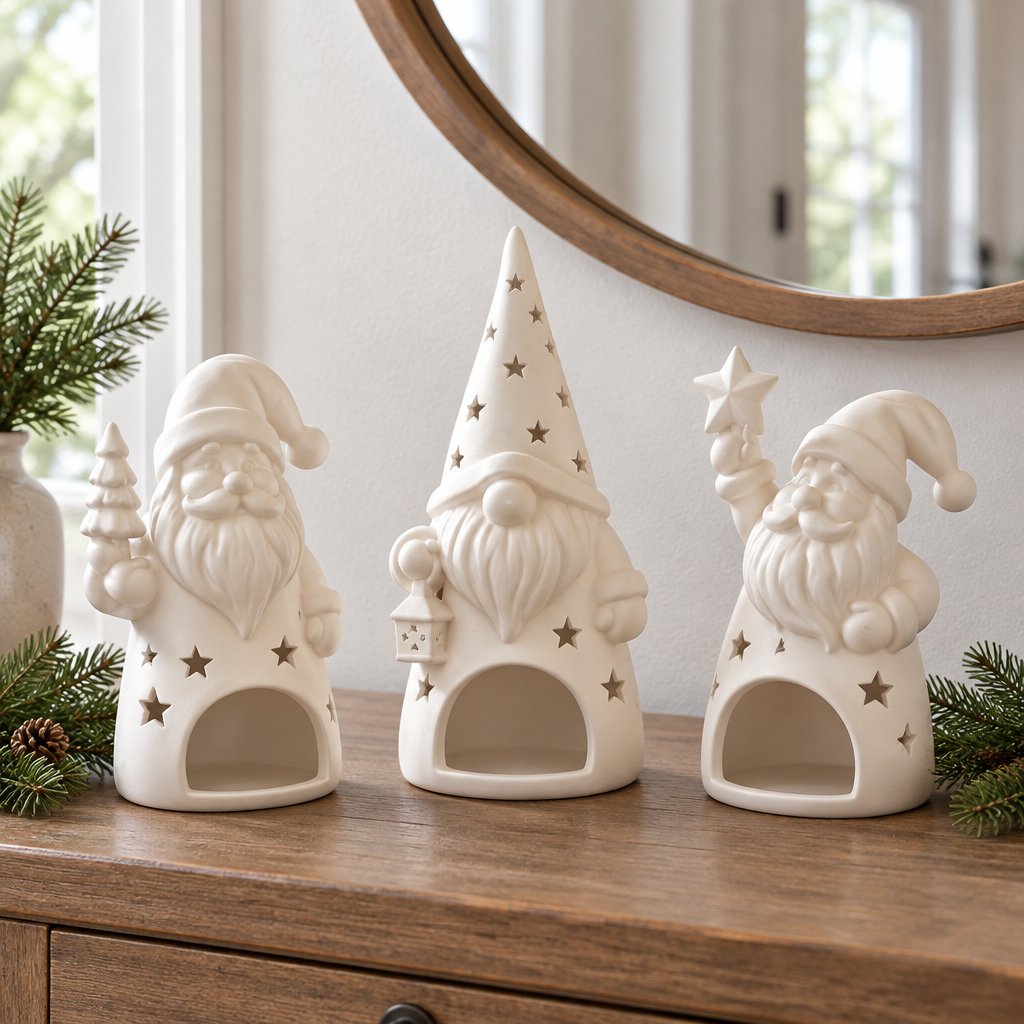 Three white bearded Santa tealight holders styled unlit on an entryway console.