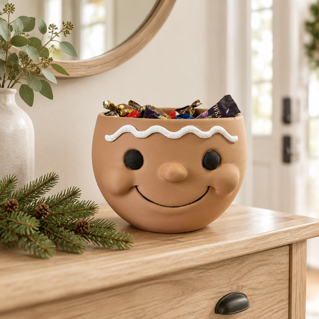 Brown snowman-head snack bowl with individually wrapped sweets on a wooden console