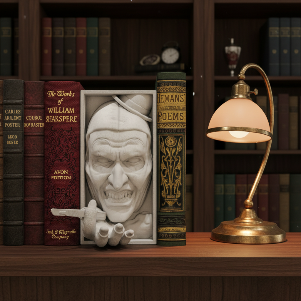 IT horror clown book nook in a dark academia library