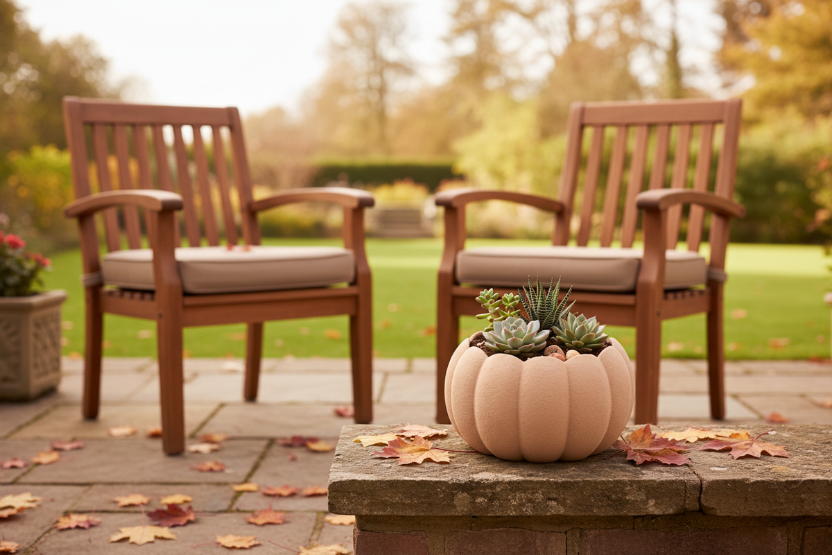 Pumpkin Planter — garden patio autumn lifestyle scene