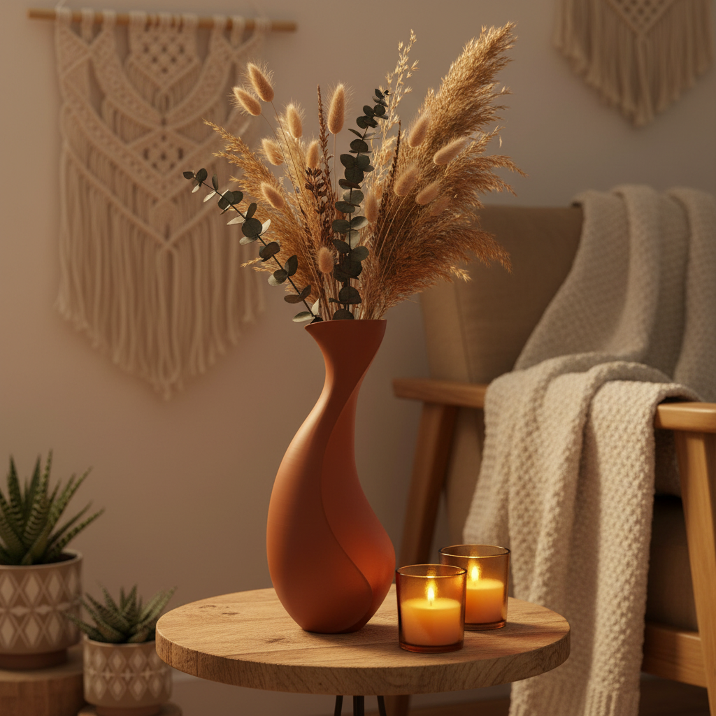 Aura vase in terracotta brown with dried grasses on a wooden side table in a boho interior