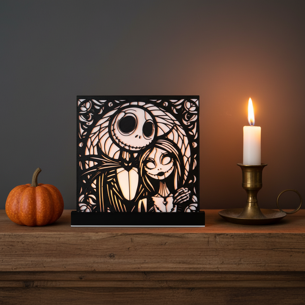 Jack and Sally Nightmare Before Christmas shadow box display on a Halloween mantel with candlelight