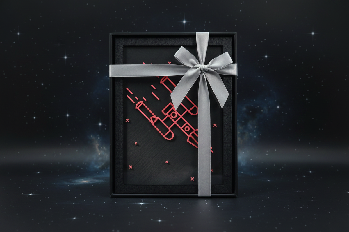 Y-Wing Neon Line Art shadow box presented as a gift in a sleek black box with silver ribbon