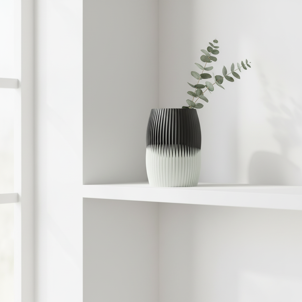 Black and white interlocking vase with dried eucalyptus on a minimalist shelf