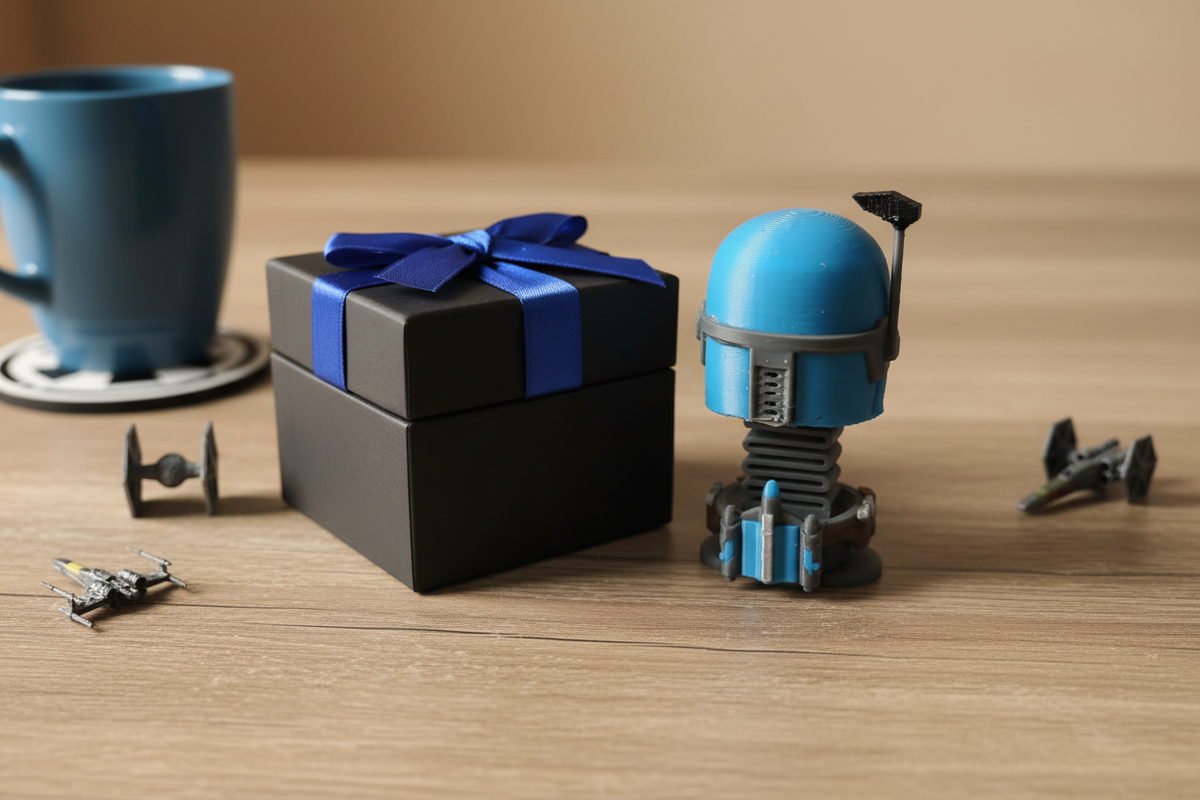 Star Wars Bo-Katan Kryze Springie presented as a gift in a sleek black box with blue ribbon