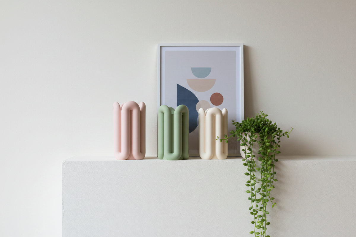 Group of three Wibble vases in pink green and white on cream plaster shelf Scandinavian shelfie lifestyle