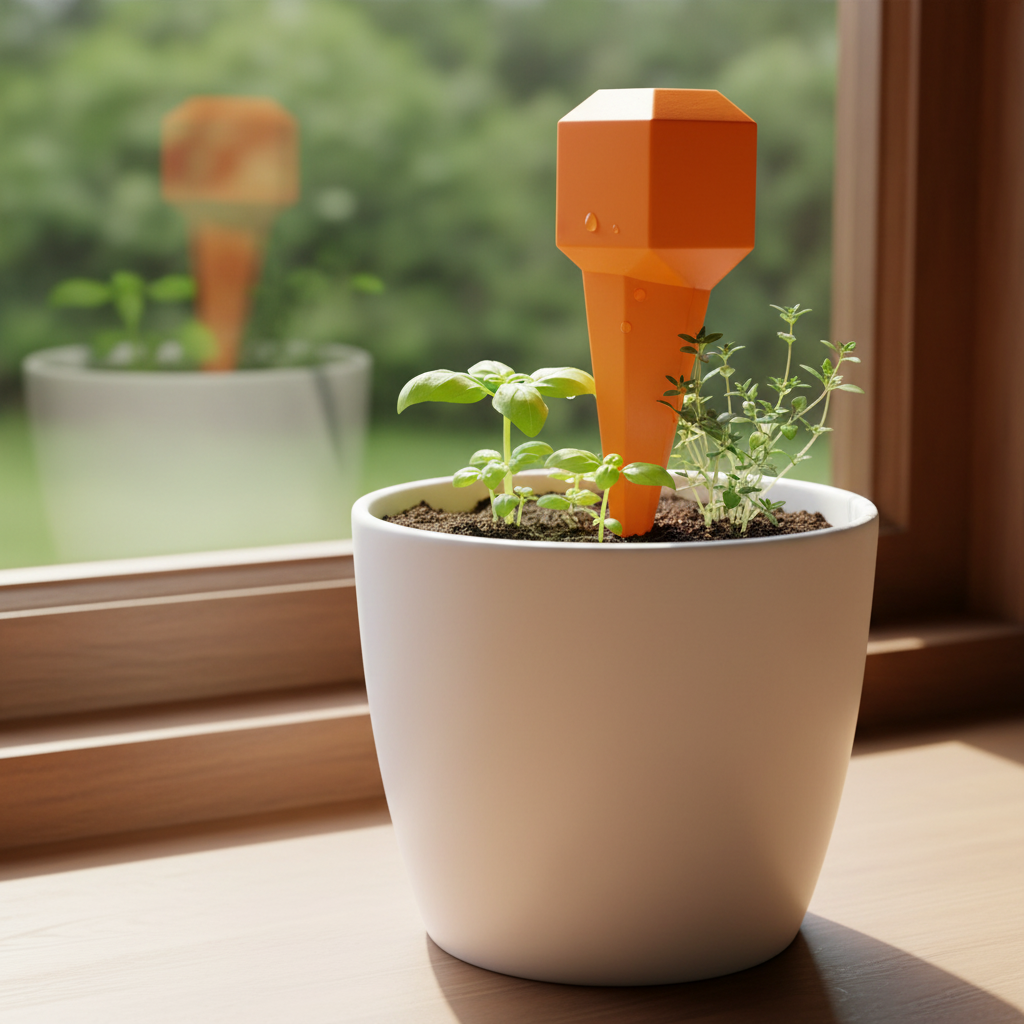 Hexagonal Plant Watering Spike - orange colourway in herb pot on sunny kitchen windowsill