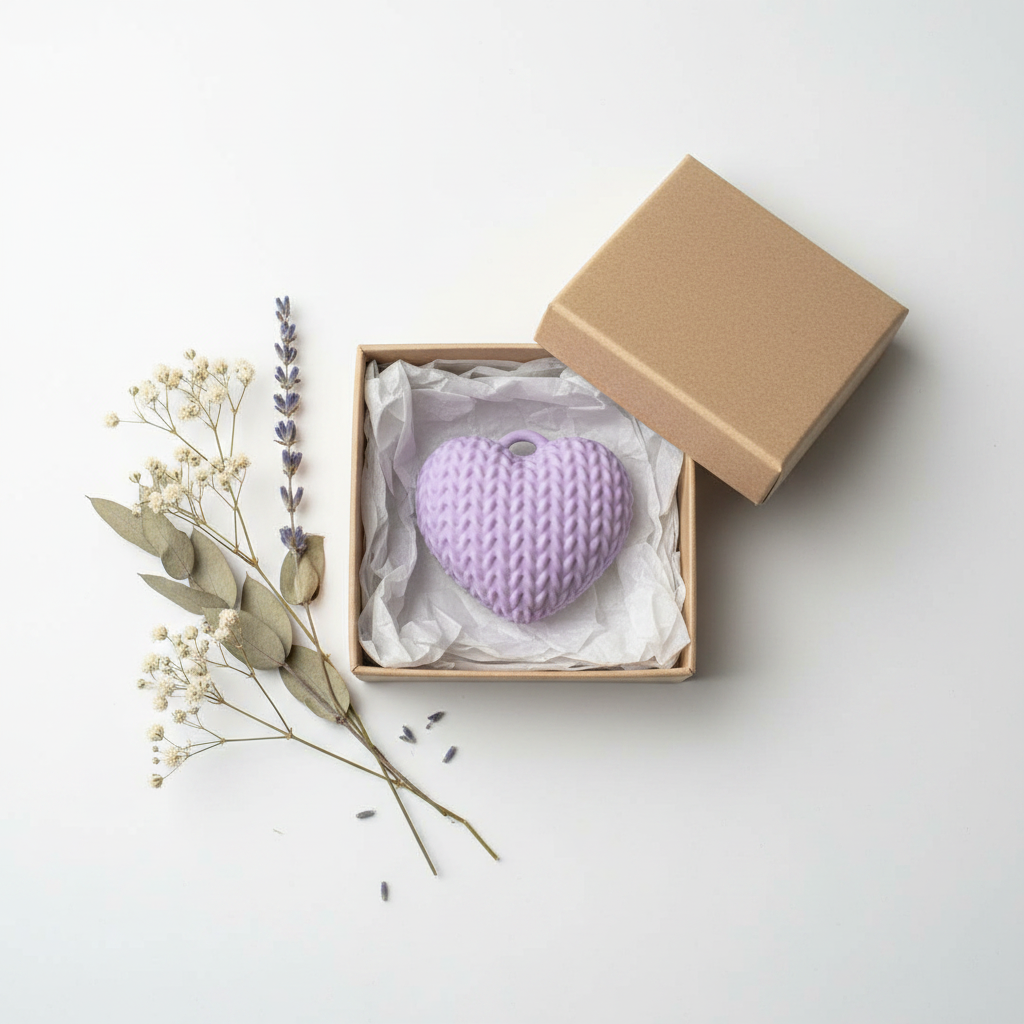 Lavender purple knitted heart charm in gift box with tissue paper and dried flowers