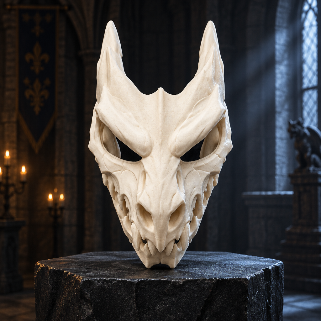 Bone-ivory Dragon Skull mask on a stone plinth in a gothic castle gallery, strap not included