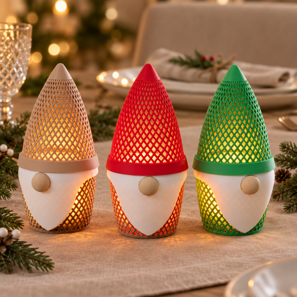 Beige, red and green gonk tealight holders as a festive dining table accent