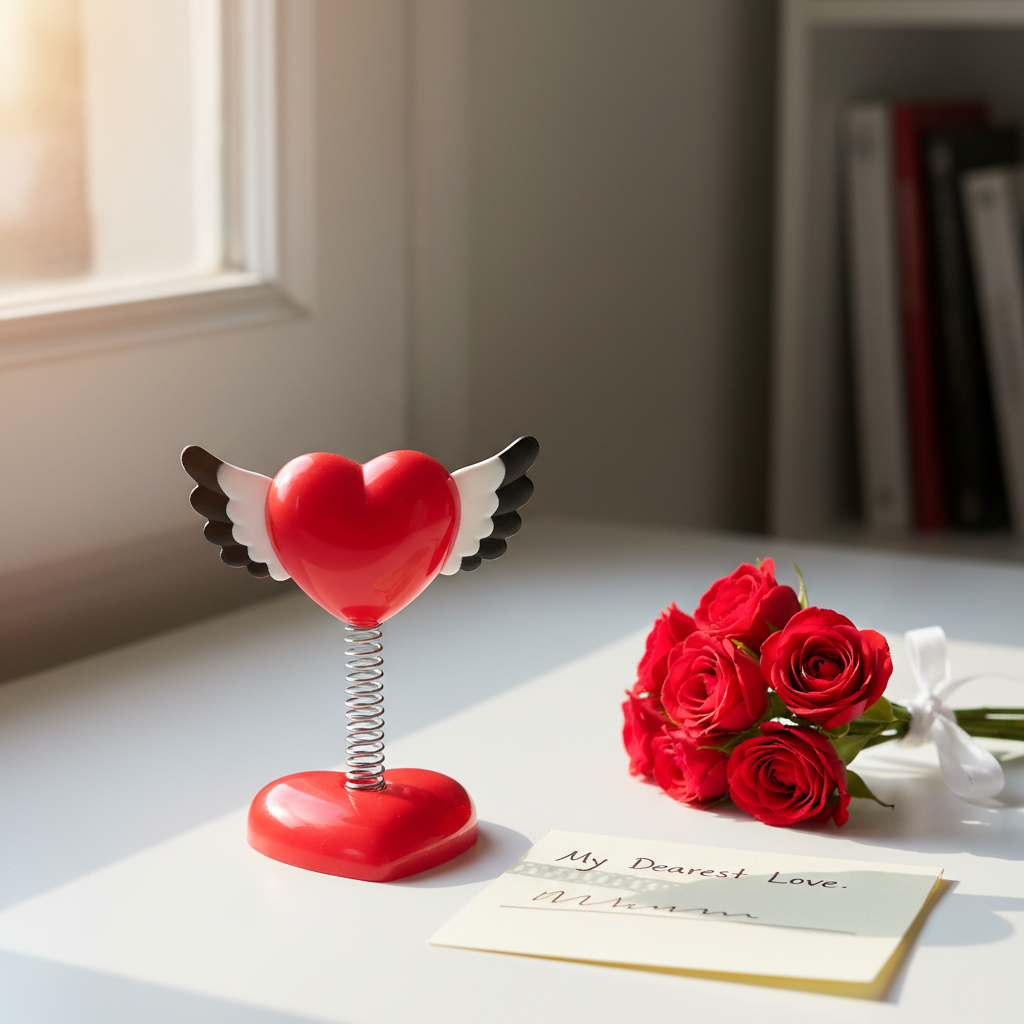 Valentine's Day Springie winged heart on spring — displayed on white desk with red roses and handwritten love note