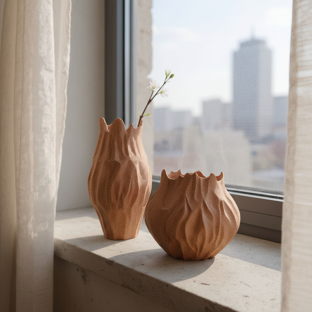 Two organic stone-like sculptural vases in terracotta brown on a windowsill with golden hour light