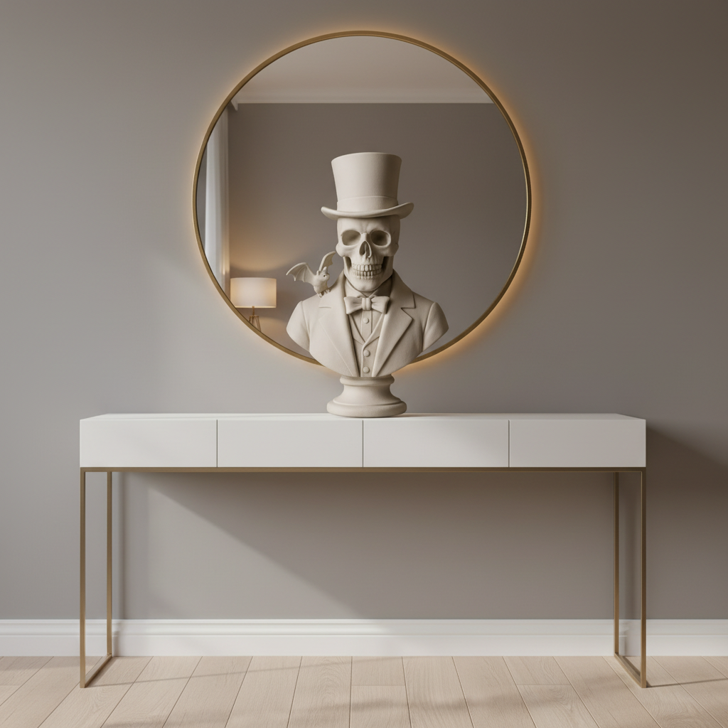White gentleman skull bust sculpture on a console table