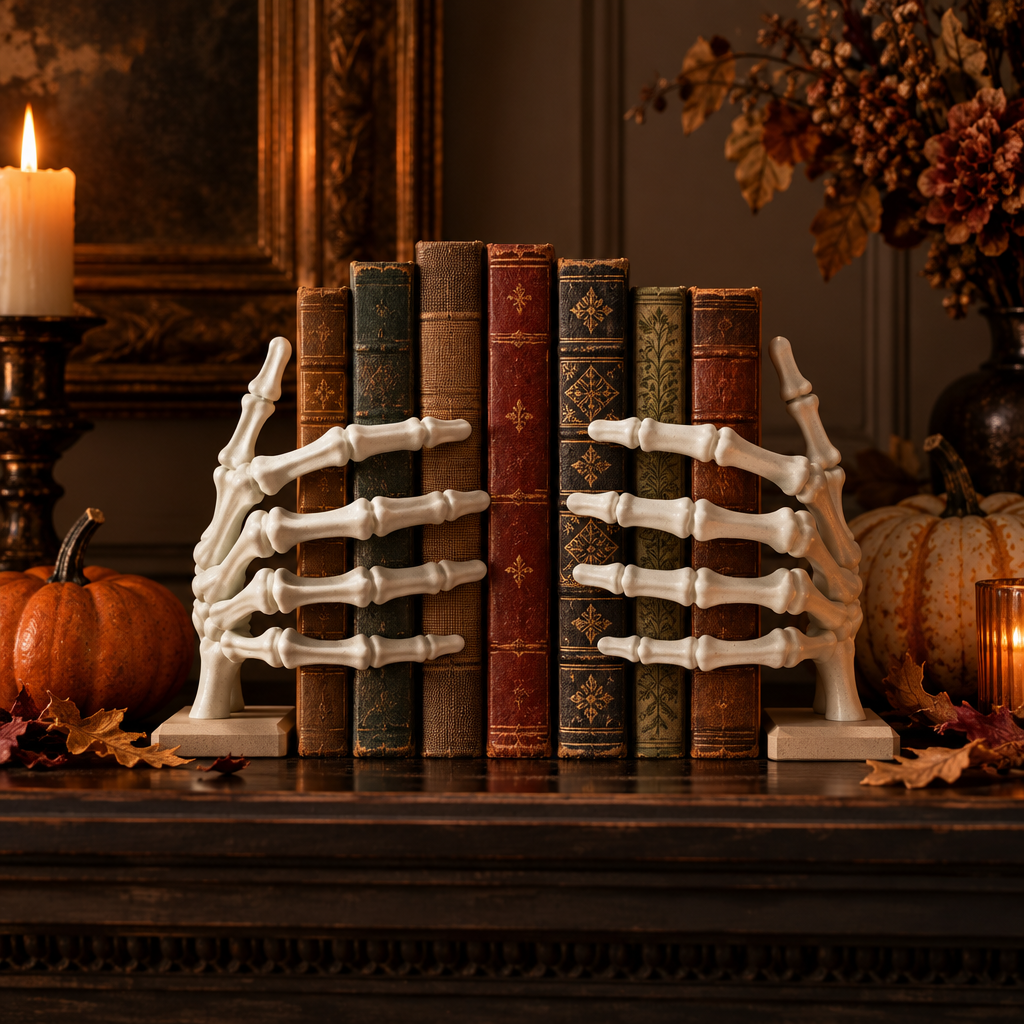 Paint-ready skeleton hand book holders with vintage books and refined Halloween decor