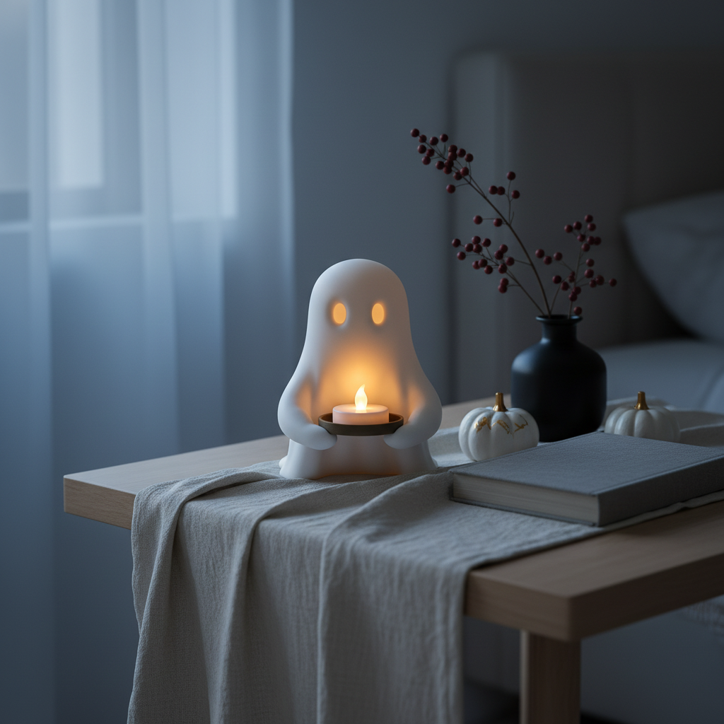 Cute ghost LED candle tray styled on a minimalist bedside table
