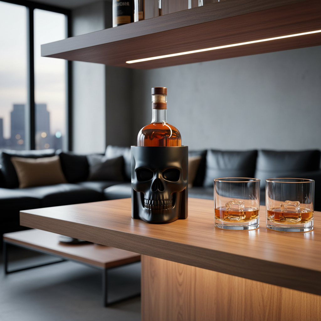 Skull bottle cooler with whiskey bottle and two glasses on a home bar shelf