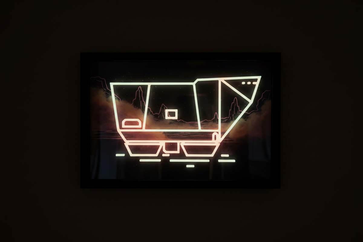 Sandcrawler Neon Line Art shadow box glowing in the dark with an eerie holographic effect