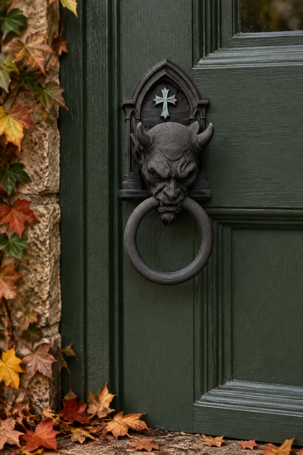 Gargoyle knocker on forest green cottage door