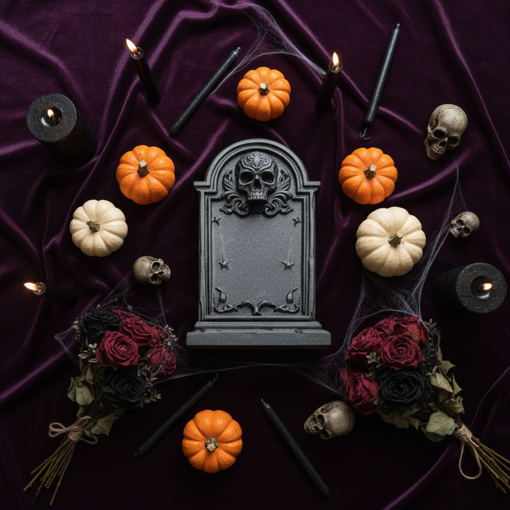 Grey gothic tombstone Halloween tablescape flat lay with pumpkins candles and mini skulls lifestyle