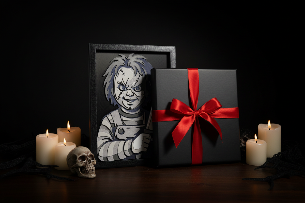 Chucky Shadow Box presented as a gift in a matte black box with red ribbon and Halloween horror decorations
