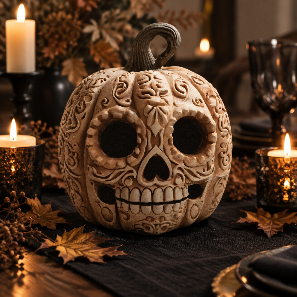 Pumpkin skull ornament on a dark Halloween party table with candles and dried leaves