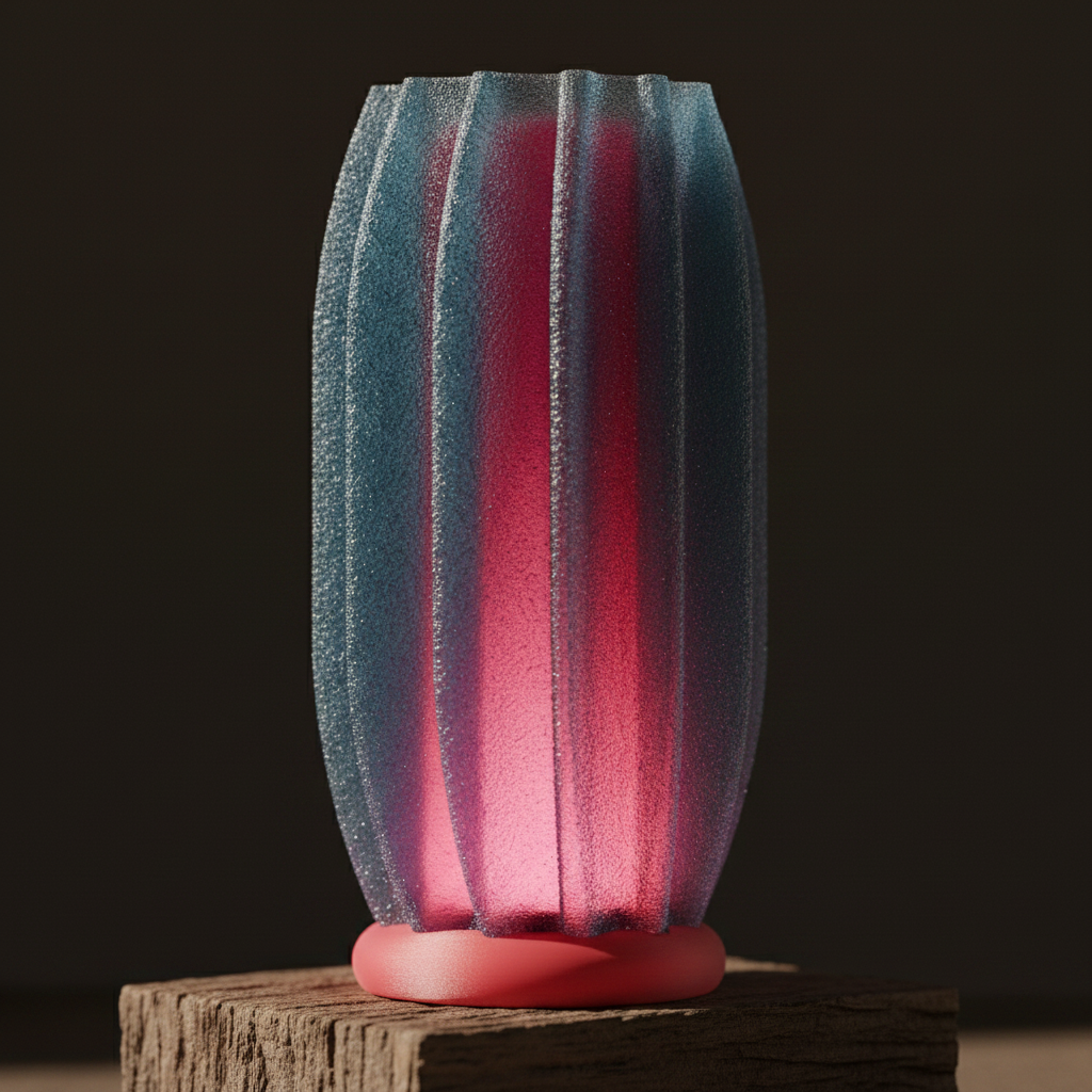 Close-up detail of finned lamp shade with glittery frosted texture and pink inner glow
